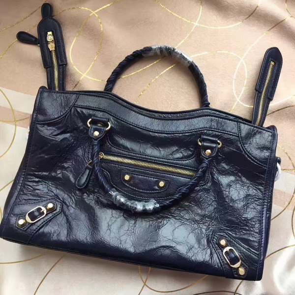 Balenciaga Gaint 12 Gold Medium City Handbag in Navy Blue Soft Crafted Vintage Lambskin For Sale