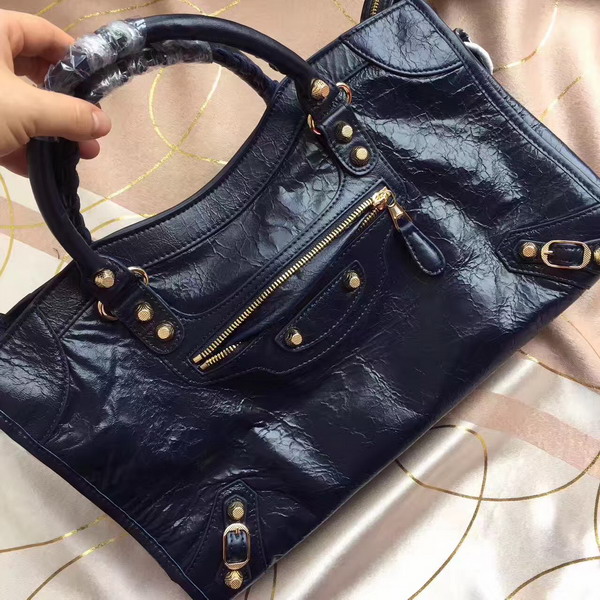 Balenciaga Gaint 12 Gold Medium City Handbag in Navy Blue Soft Crafted Vintage Lambskin For Sale