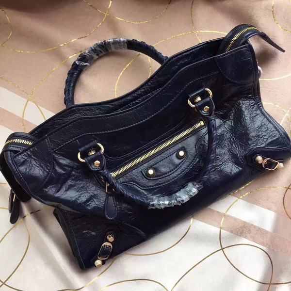 Balenciaga Gaint 12 Gold Medium City Handbag in Navy Blue Soft Crafted Vintage Lambskin For Sale