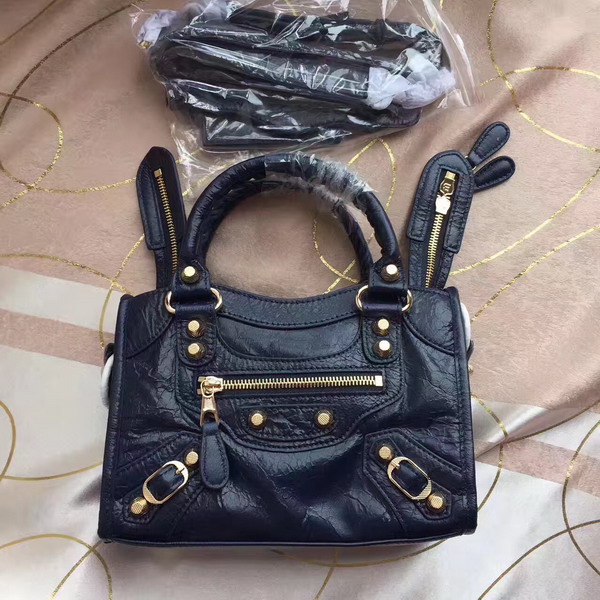 Balenciaga Gaint 12 Gold Mini City Handbag in Navy Blue Soft Crafted Vintage Lambskin For Sale