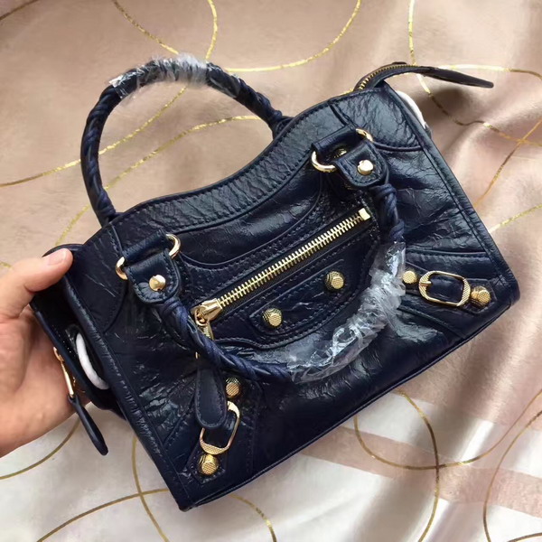 Balenciaga Gaint 12 Gold Mini City Handbag in Navy Blue Soft Crafted Vintage Lambskin For Sale