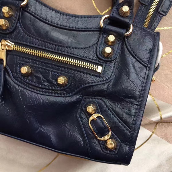 Balenciaga Gaint 12 Gold Mini City Handbag in Navy Blue Soft Crafted Vintage Lambskin For Sale