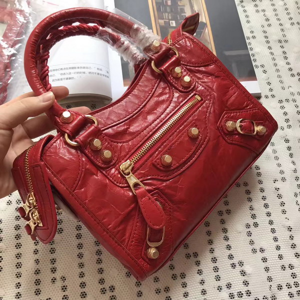 Balenciaga Gaint 12 Gold Mini City Handbag in Red Soft Crafted Vintage Lambskin For Sale