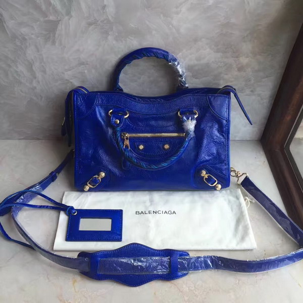 Balenciaga Gaint 12 Gold Small City Handbag in Electric Blue Soft Crafted Vintage Lambskin For Sale