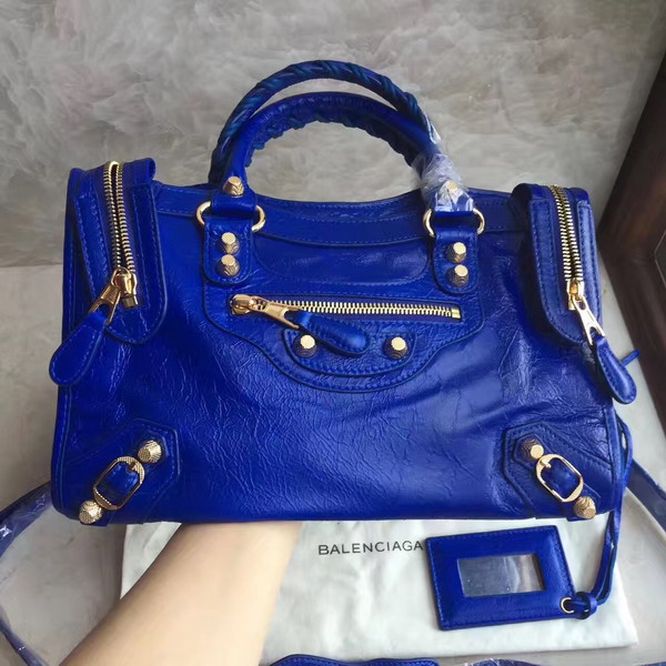 Balenciaga Gaint 12 Gold Small City Handbag in Electric Blue Soft Crafted Vintage Lambskin For Sale