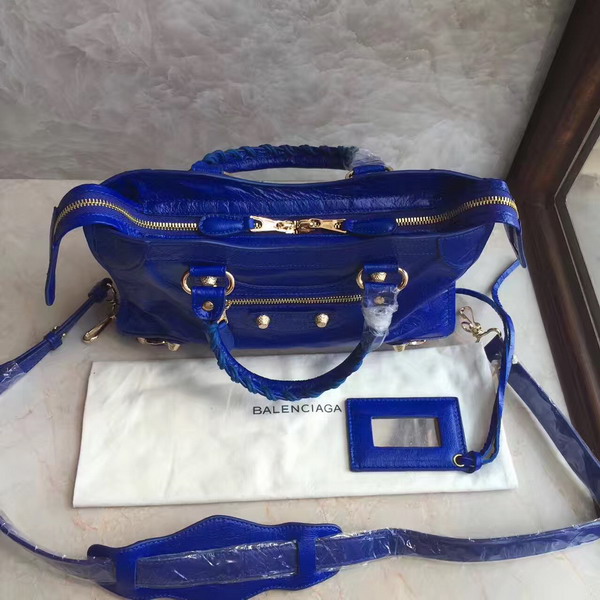 Balenciaga Gaint 12 Gold Small City Handbag in Electric Blue Soft Crafted Vintage Lambskin For Sale