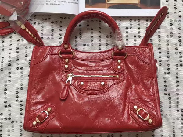 Balenciaga Gaint 12 Gold Small City Handbag in Red Soft Crafted Vintage Lambskin For Sale