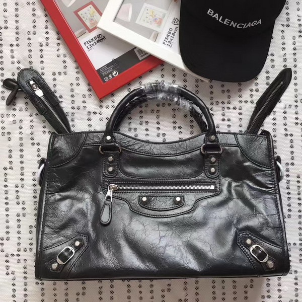 Balenciaga Gaint 12 Silver Medium City Handbag in Black Soft Crafted Vintage Lambskin For Sale