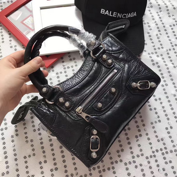 Balenciaga Gaint 12 Silver Mini City Handbag in Black Soft Crafted Vintage Lambskin For Sale