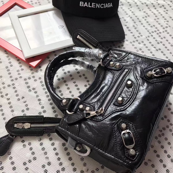 Balenciaga Gaint 12 Silver Mini City Handbag in Black Soft Crafted Vintage Lambskin For Sale