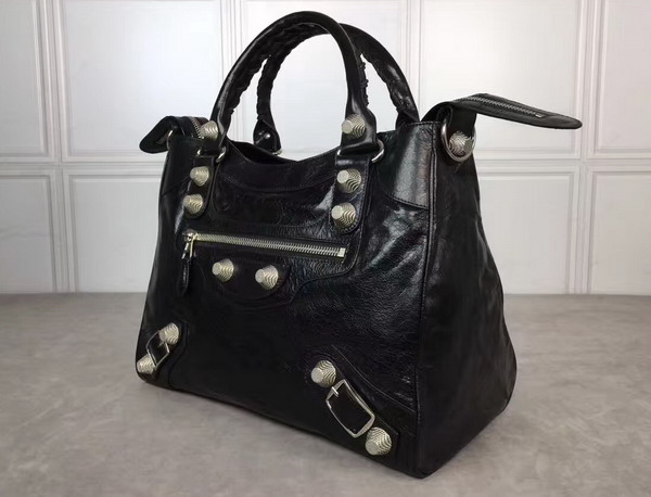 Balenciaga Giant City Handbag in Black Lambskin with Silver Metal Hardware For Sale