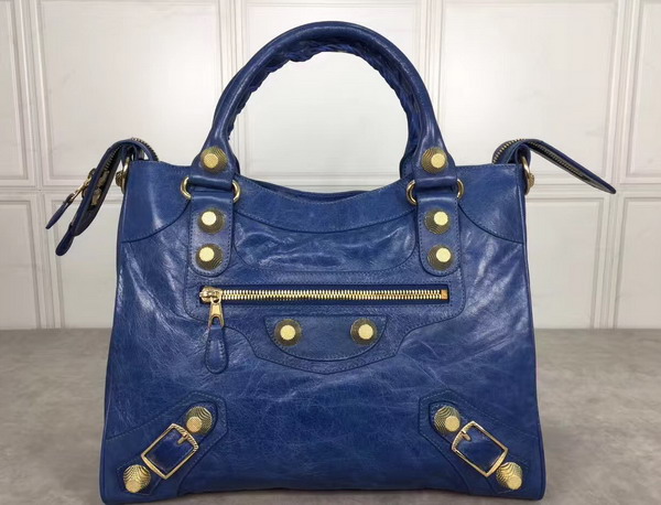 Balenciaga Giant City Handbag in Blue Lambskin with Gold Metal Hardware For Sale