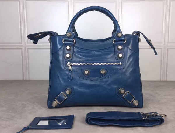 Balenciaga Giant City Handbag in Blue Lambskin with Silver Metal Hardware For Sale