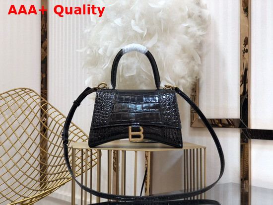 Balenciaga Hourglass Small Top Handbag in Black Shiny Crocodile Embossed Calfskin Aged Gold B Hardware Replica