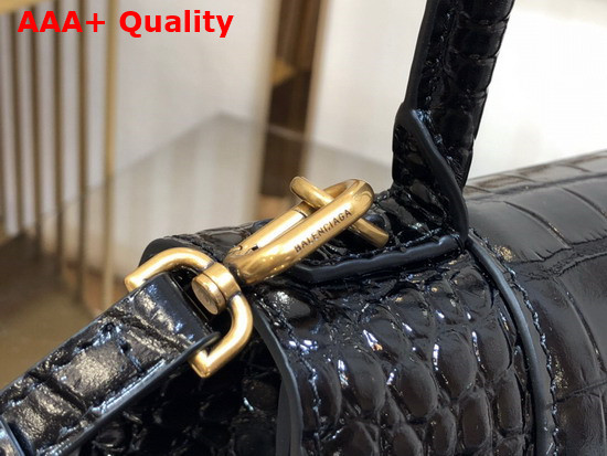 Balenciaga Hourglass Small Top Handbag in Black Shiny Crocodile Embossed Calfskin Aged Gold B Hardware Replica