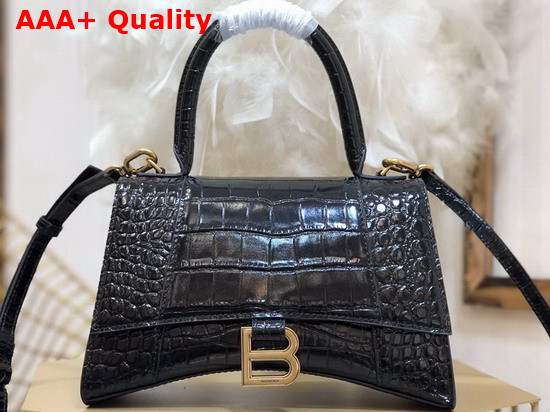 Balenciaga Hourglass Small Top Handbag in Black Shiny Crocodile Embossed Calfskin Aged Gold B Hardware Replica