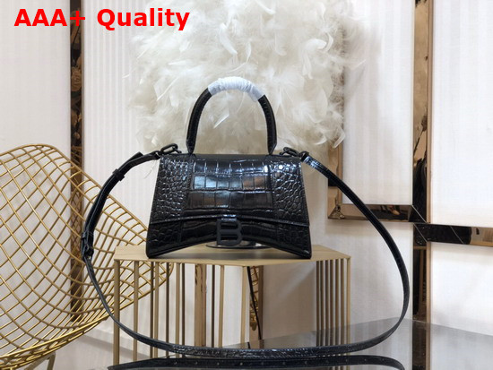 Balenciaga Hourglass Small Top Handbag in Black Shiny Crocodile Embossed Calfskin Matte Black B Hardware Replica