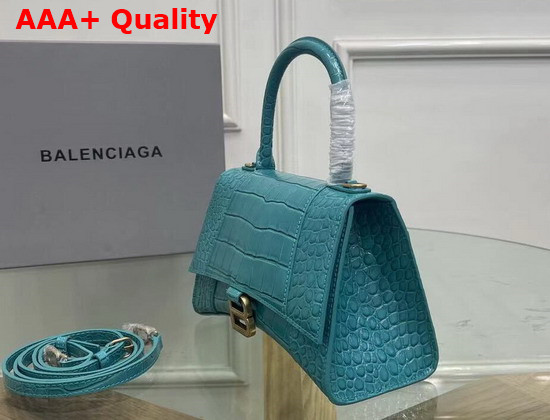 Balenciaga Hourglass Small Top Handbag in Blue Shiny Crocodile Embossed Calfskin Aged Gold B Hardware Replica