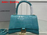 Balenciaga Hourglass Small Top Handbag in Blue Shiny Crocodile Embossed Calfskin Aged Gold B Hardware Replica