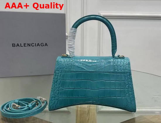 Balenciaga Hourglass Small Top Handbag in Blue Shiny Crocodile Embossed Calfskin Aged Gold B Hardware Replica