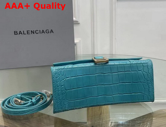 Balenciaga Hourglass Small Top Handbag in Blue Shiny Crocodile Embossed Calfskin Aged Gold B Hardware Replica