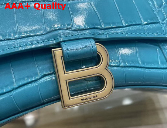 Balenciaga Hourglass Small Top Handbag in Blue Shiny Crocodile Embossed Calfskin Aged Gold B Hardware Replica