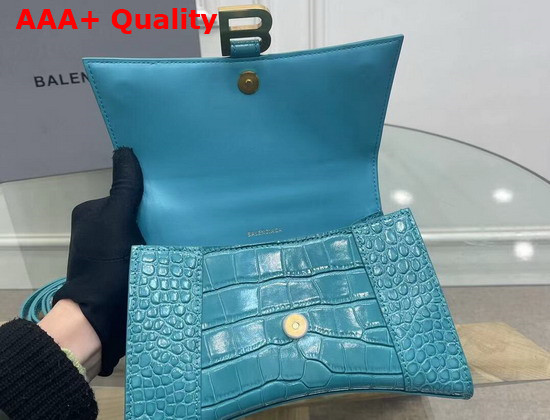 Balenciaga Hourglass Small Top Handbag in Blue Shiny Crocodile Embossed Calfskin Aged Gold B Hardware Replica