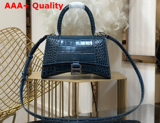 Balenciaga Hourglass Small Top Handbag in Dark Blue Shiny Crocodile Embossed Calfskin Aged Silver B Hardware Replica