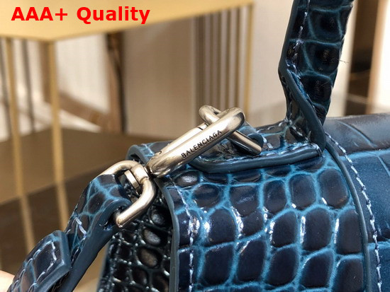 Balenciaga Hourglass Small Top Handbag in Dark Blue Shiny Crocodile Embossed Calfskin Aged Silver B Hardware Replica