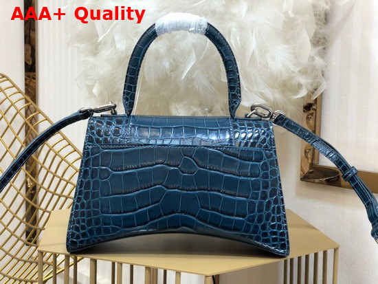 Balenciaga Hourglass Small Top Handbag in Dark Blue Shiny Crocodile Embossed Calfskin Aged Silver B Hardware Replica