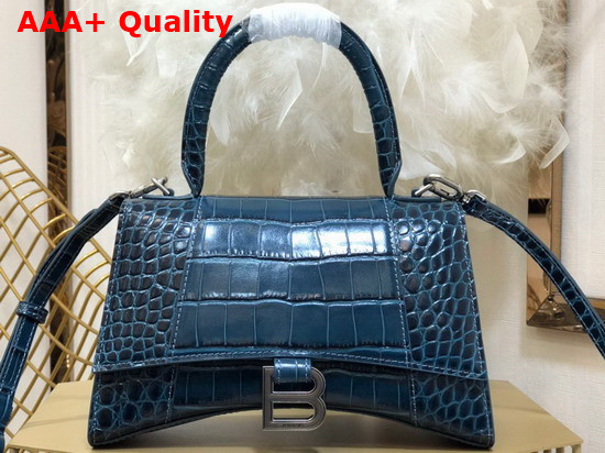 Balenciaga Hourglass Small Top Handbag in Dark Blue Shiny Crocodile Embossed Calfskin Aged Silver B Hardware Replica