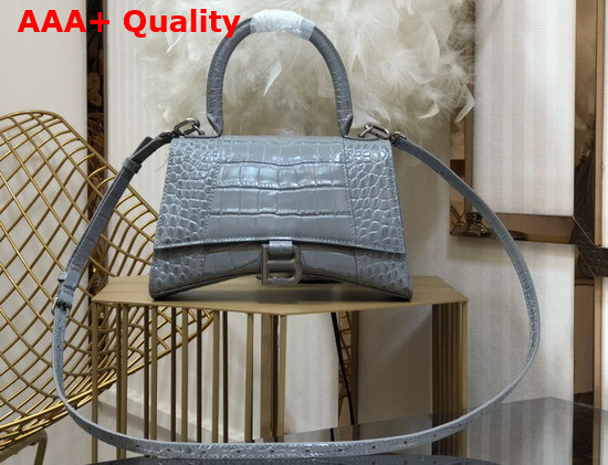 Balenciaga Hourglass Small Top Handbag in Grey Shiny Crocodile Embossed Calfskin Aged Silver B Hardware Replica