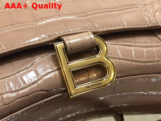 Balenciaga Hourglass Small Top Handbag in Nude Shiny Crocodile Embossed Calfskin Aged Gold B Hardware Replica