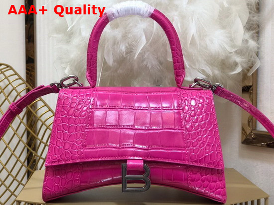 Balenciaga Hourglass Small Top Handbag in Rose Shiny Crocodile Embossed Calfskin Aged Silver B Hardware Replica