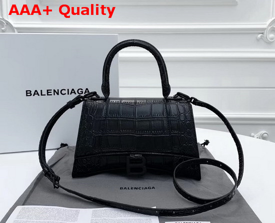 Balenciaga Hourglass Small Top Handle Bag in Black Crocodile Embossed Shiny Calfskin Replica