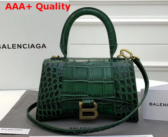 Balenciaga Hourglass Small Top Handle Bag in Green Crocodile Embossed Shiny Calfskin Replica