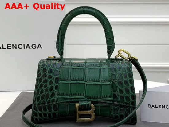 Balenciaga Hourglass Small Top Handle Bag in Green Crocodile Embossed Shiny Calfskin Replica