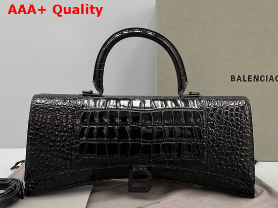 Balenciaga Hourglass Stretched Top Handle Bag in Black Shiny Crocodile Embossed Calfskin Matte Black Hardware Replica