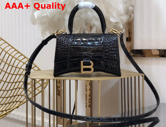 Balenciaga Hourglass XS Top Handbag in Black Shiny Crocodile Embossed Calfskin Aged Gold B Hardware Replica