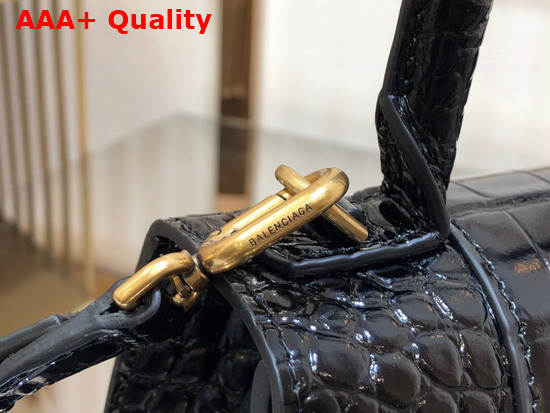 Balenciaga Hourglass XS Top Handbag in Black Shiny Crocodile Embossed Calfskin Aged Gold B Hardware Replica