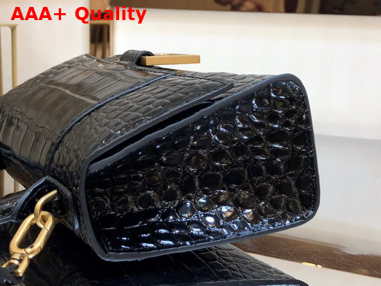 Balenciaga Hourglass XS Top Handbag in Black Shiny Crocodile Embossed Calfskin Aged Gold B Hardware Replica