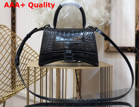 Balenciaga Hourglass XS Top Handbag in Black Shiny Crocodile Embossed Calfskin Black Matte B Hardware Replica