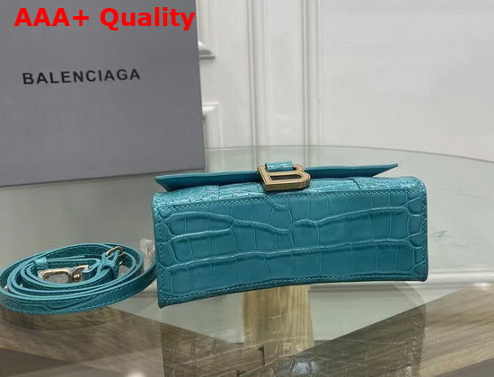 Balenciaga Hourglass XS Top Handbag in Blue Shiny Crocodile Embossed Calfskin Aged Silver Hardware Replica