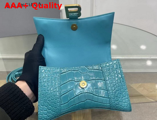 Balenciaga Hourglass XS Top Handbag in Blue Shiny Crocodile Embossed Calfskin Aged Silver Hardware Replica