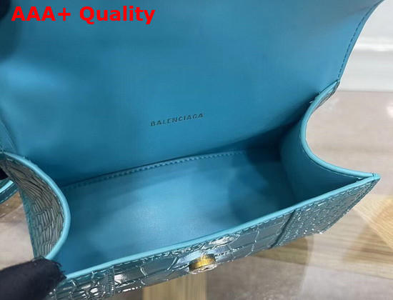 Balenciaga Hourglass XS Top Handbag in Blue Shiny Crocodile Embossed Calfskin Aged Silver Hardware Replica