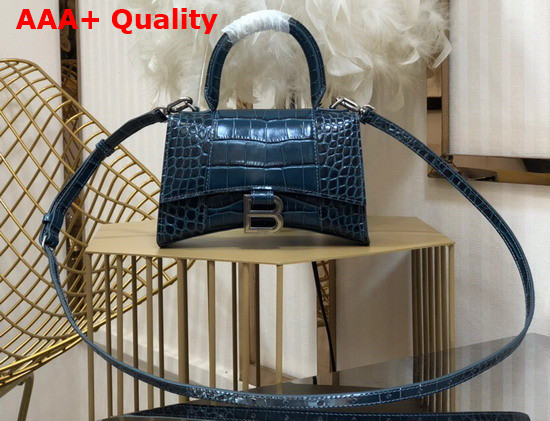 Balenciaga Hourglass XS Top Handbag in Dark Blue Shiny Crocodile Embossed Calfskin Aged Silver Hardware Replica