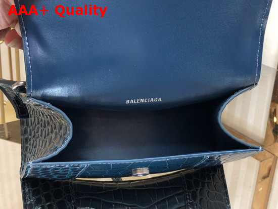 Balenciaga Hourglass XS Top Handbag in Dark Blue Shiny Crocodile Embossed Calfskin Aged Silver Hardware Replica