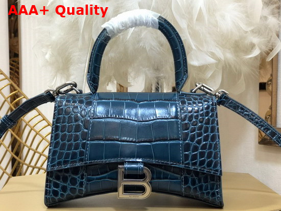 Balenciaga Hourglass XS Top Handbag in Dark Blue Shiny Crocodile Embossed Calfskin Aged Silver Hardware Replica