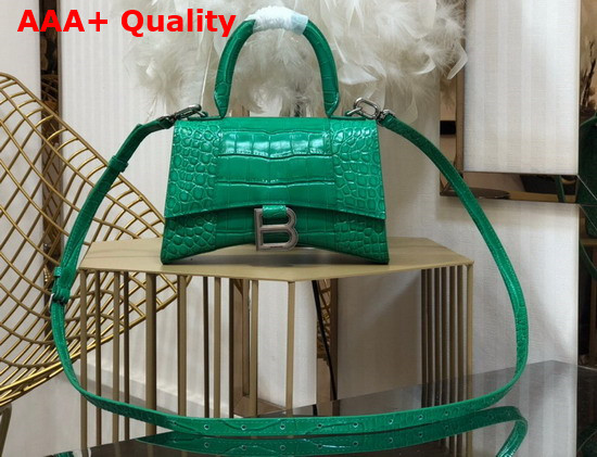 Balenciaga Hourglass XS Top Handbag in Green Shiny Crocodile Embossed Calfskin Aged Silver Hardware Replica