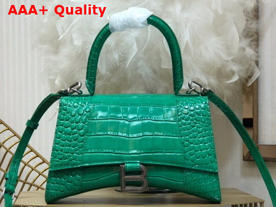 Balenciaga Hourglass XS Top Handbag in Green Shiny Crocodile Embossed Calfskin Aged Silver Hardware Replica